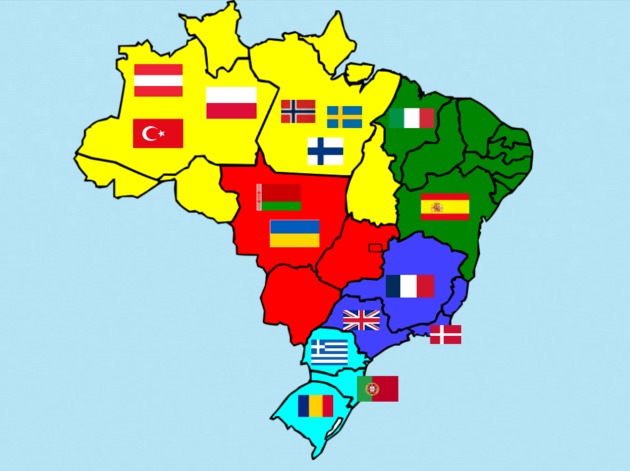 Map with flags of European countries that fit within Brazilian states