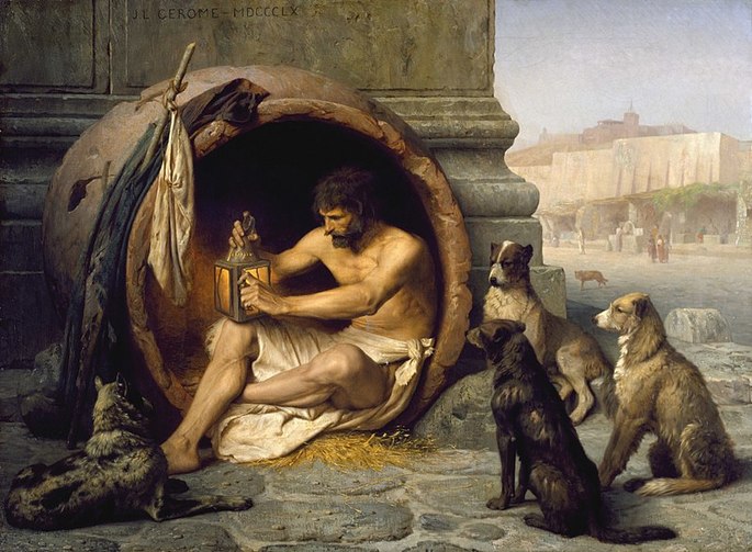 Diogenes in his home, surrounded by dogs. Diogenes , painting by Jean-Léon Gérôme (1860)