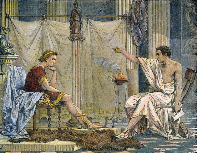 Alexandre listens carefully to his preceptor Aristotle