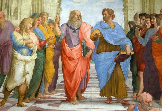 Detail of the fresco that shows Plato and Aristotle discussing surrounded by disciples