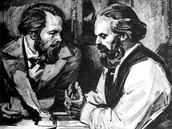 Engraving depicting Engels and Marx discussing their theories