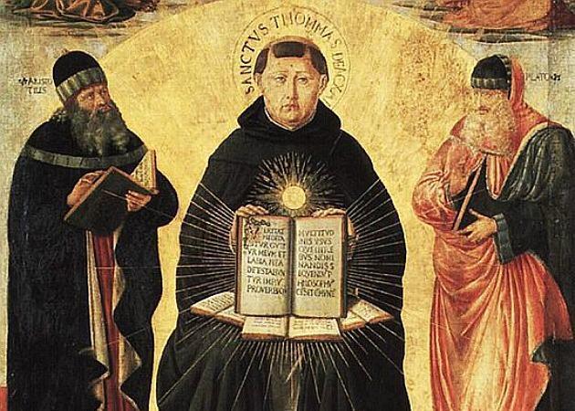 The icon summarizes medieval philosophy: Saint Thomas Aquinas, Christian, surrounded by the Greek philosophers Aristotle and Plato.