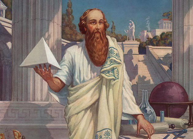 Pythagoras image surrounded by objects that represent mathematics, music and astronomy
