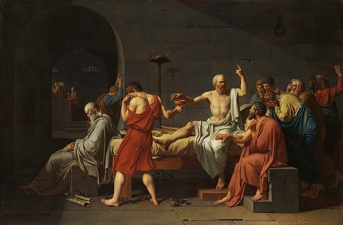 Surrounded by friends and followers in deep sadness, Socrates receives the chalice with hemlock after sentencing to death