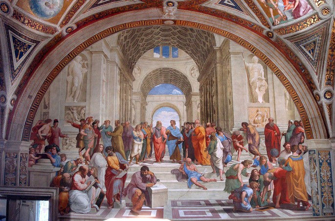 Fresco painted by Raphael at the Apostolic Palace in the Vatican, School of Athens (1509–1511) depicts several philosophers from the Greek period. Center: Plato and Aristotle