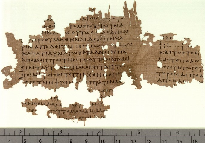 Papyrus found in Egypt with fragments of Plato's The Republic, dating from the 3rd century AD (P.Oxy. LII 3679 *) * P.Oxy or POxy represents the Oxyrhynchus Papyri, a series of ancient texts found in an archaeological excavation in the Egypt. The excerpt from Plato's Republic is cataloged as LII 3679