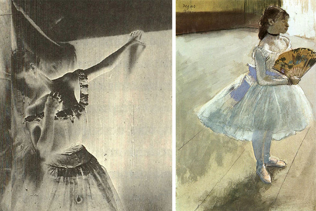 On the left, photograph by Degas, (1896). Right, Dancer with fan (1879), also by Degas