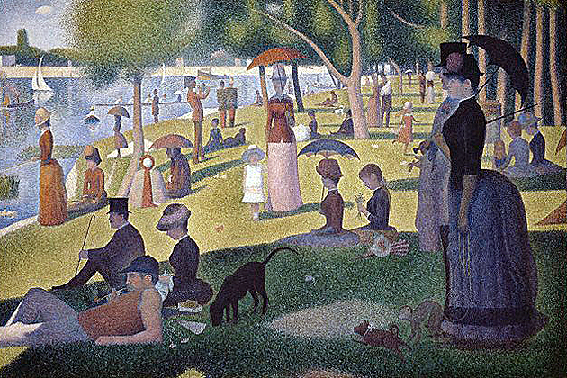 Sunday afternoon on the Grande Jatte Island (1884-1886), in Seurat. The screen displays the pointillism technique