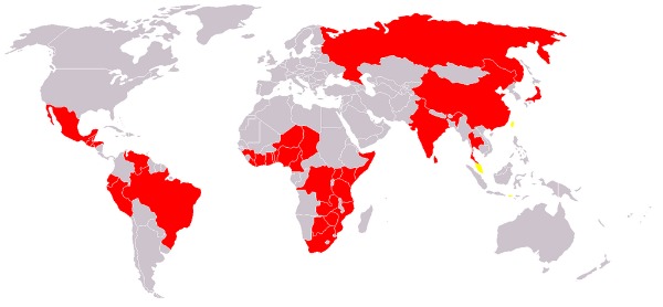 Cholera map in the world. The red spots indicate where it reaches the population most